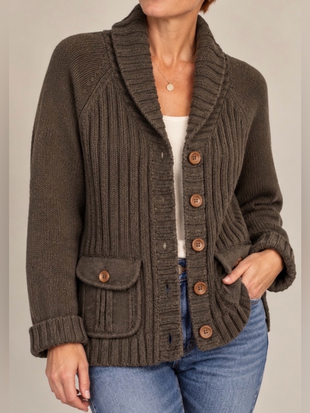 Eddie Bauer VINTAGE Chunky Shawl Collar Button-Front Sweater Cardigan - Green(L)